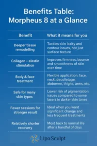 How Often Can I have Morpheus 8? 3 Table showing the benefits of Morpheus 8 treatment from Lipo Sculpt Salford Priors